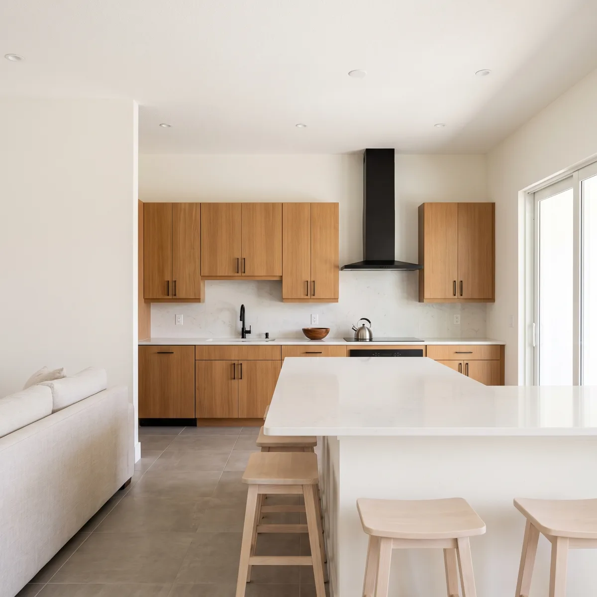 The counter run of a Davie kitchen seen from the living area across the island, an uncluttered surface with a kettle and a wooden bowl on it
