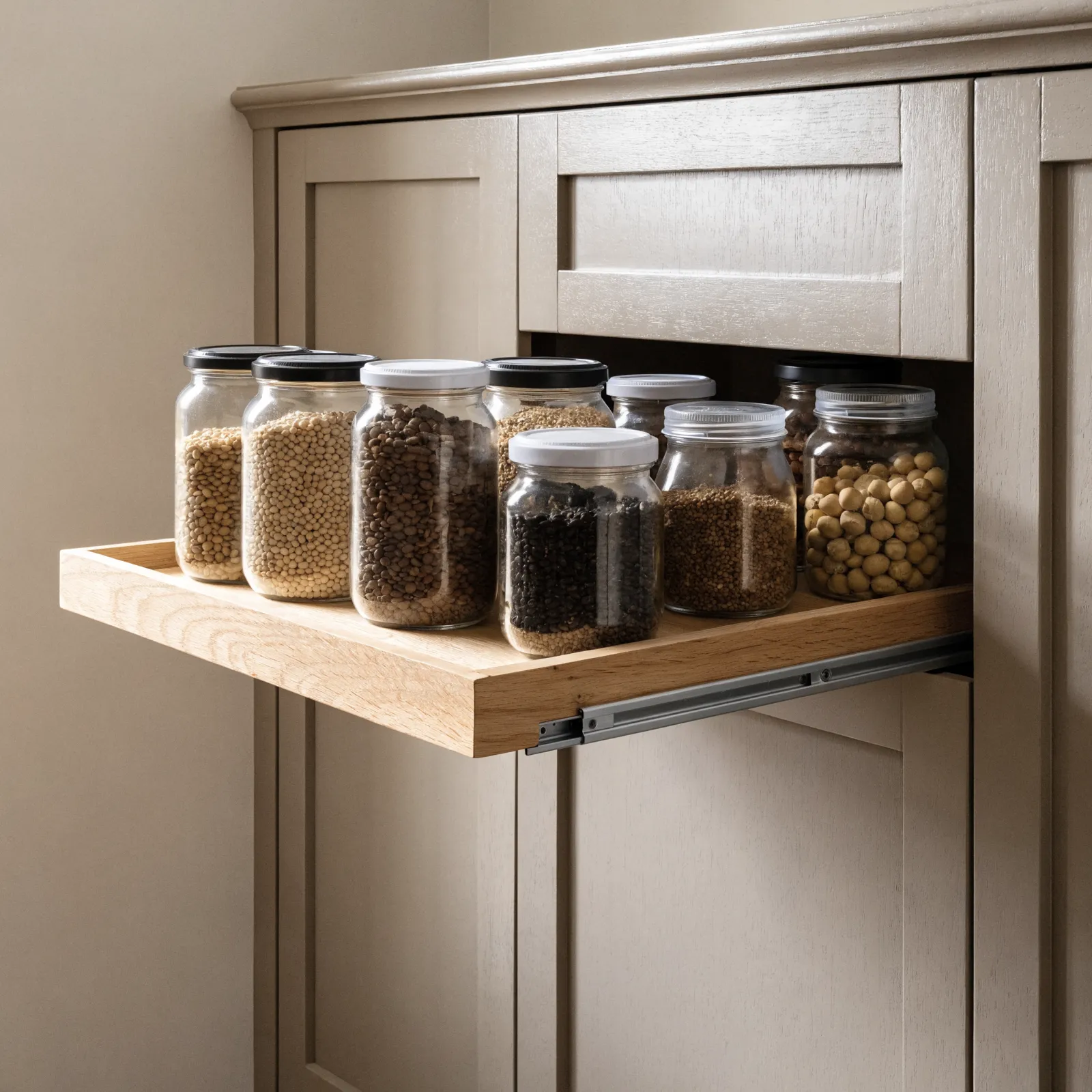 A pantry cabinet with a roll-out shelf pulled all the way forward, the jars at the back of the tray in full view