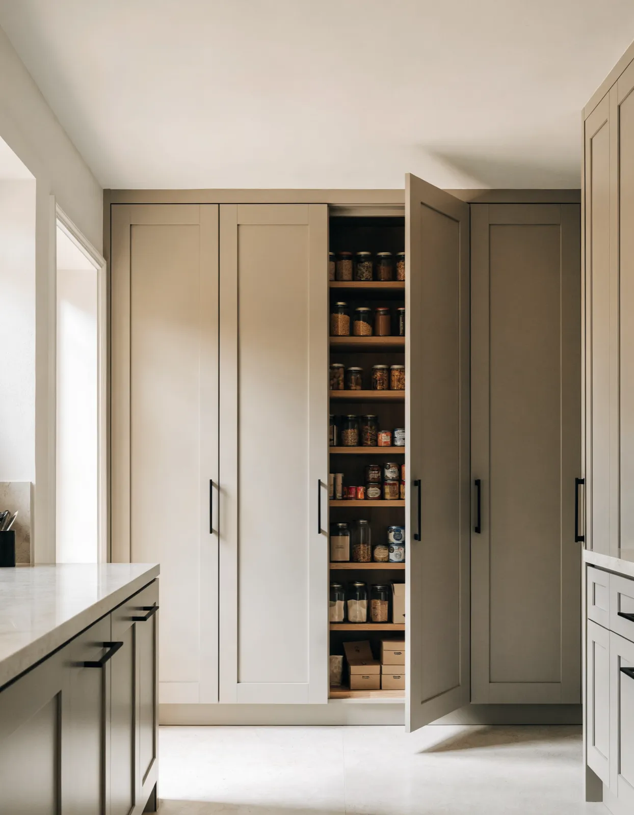 Pantry cabinets Davie, FL: a floor-to-ceiling run of pantry cabinets in painted shaker doors at the end of a kitchen, one door open on loaded shelves