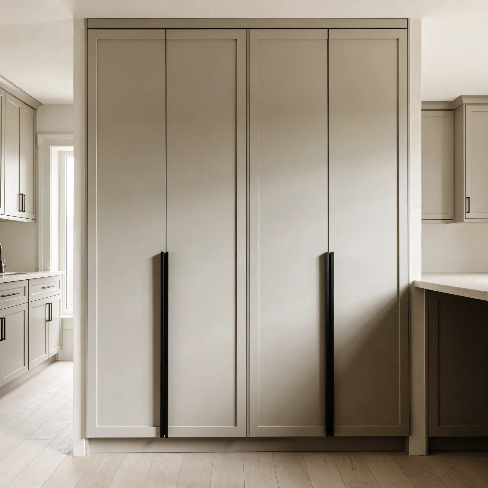 A wall of paired pantry cabinets running floor to ceiling along one end of a Davie kitchen, doors flush and aligned with the wall cabinets beside them