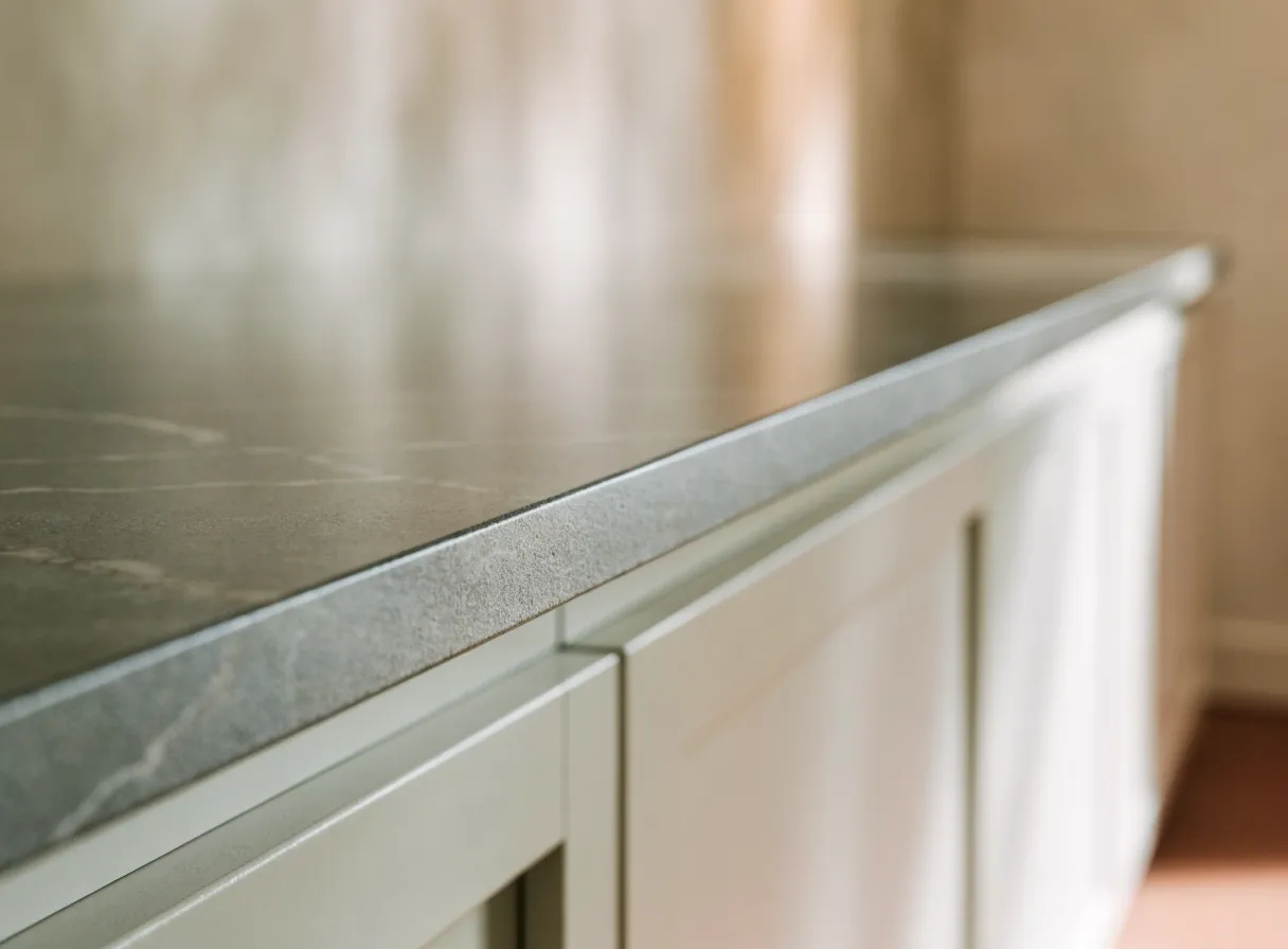 Porcelain countertop installation in Davie, FL: the thin squared edge of a graphite porcelain slab, the fired body of the material visible along the profile