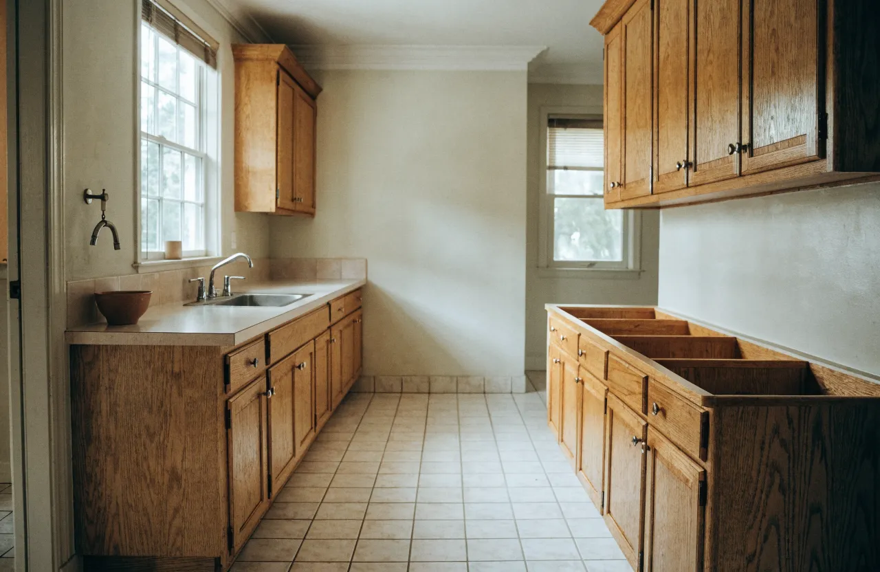 A 1980s Davie kitchen still in daily use with the original laminate counter on one run and the cabinet boxes cleared for a new top
