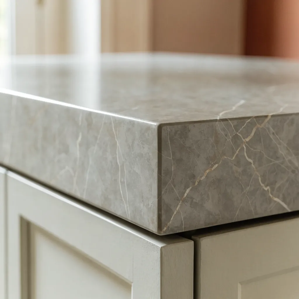A mitered porcelain edge built up to read as a thick slab, the joint at the corner closed so the pattern turns down the face