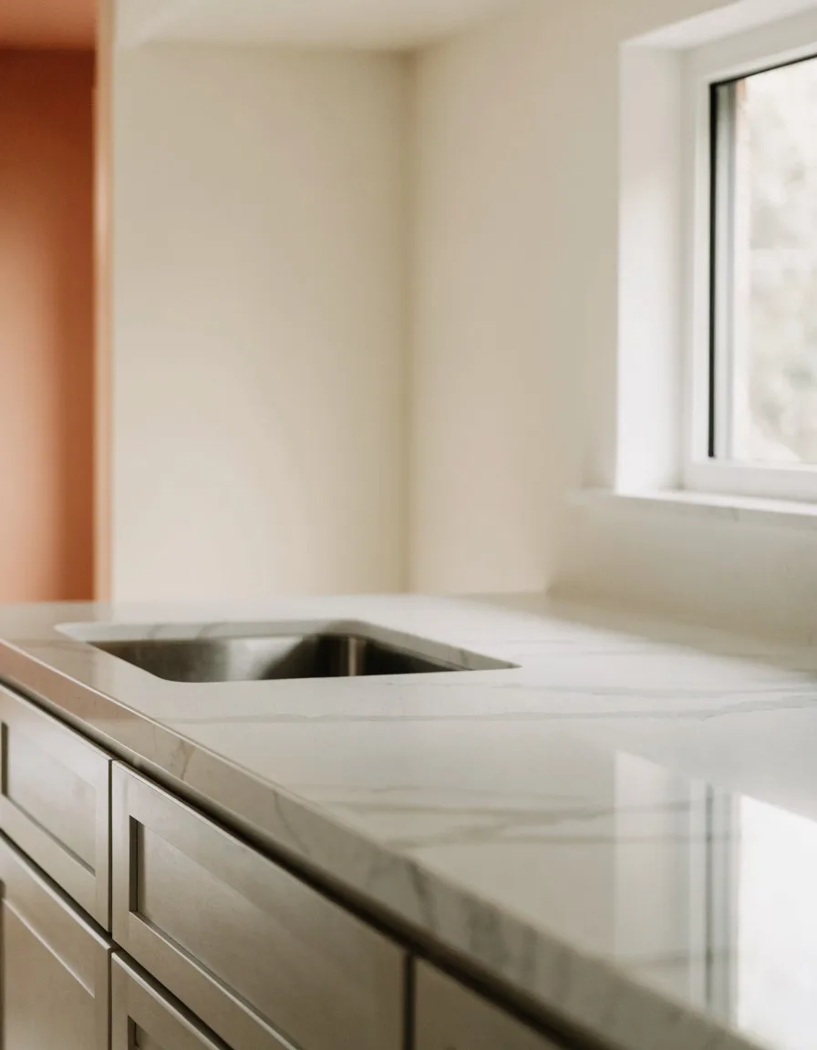 Quartz countertop installation Davie, FL: a white veined quartz run with an undermount sink in a rebuilt kitchen
