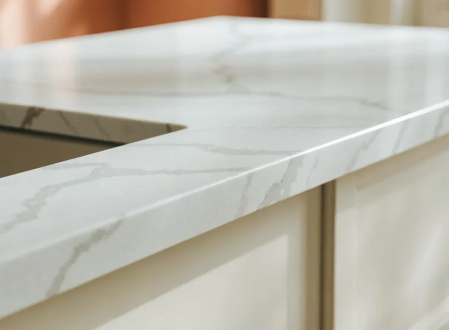 Quartz countertop installation in Davie, FL: the fabricated square edge and the corner of a cooktop cutout, veining running across both