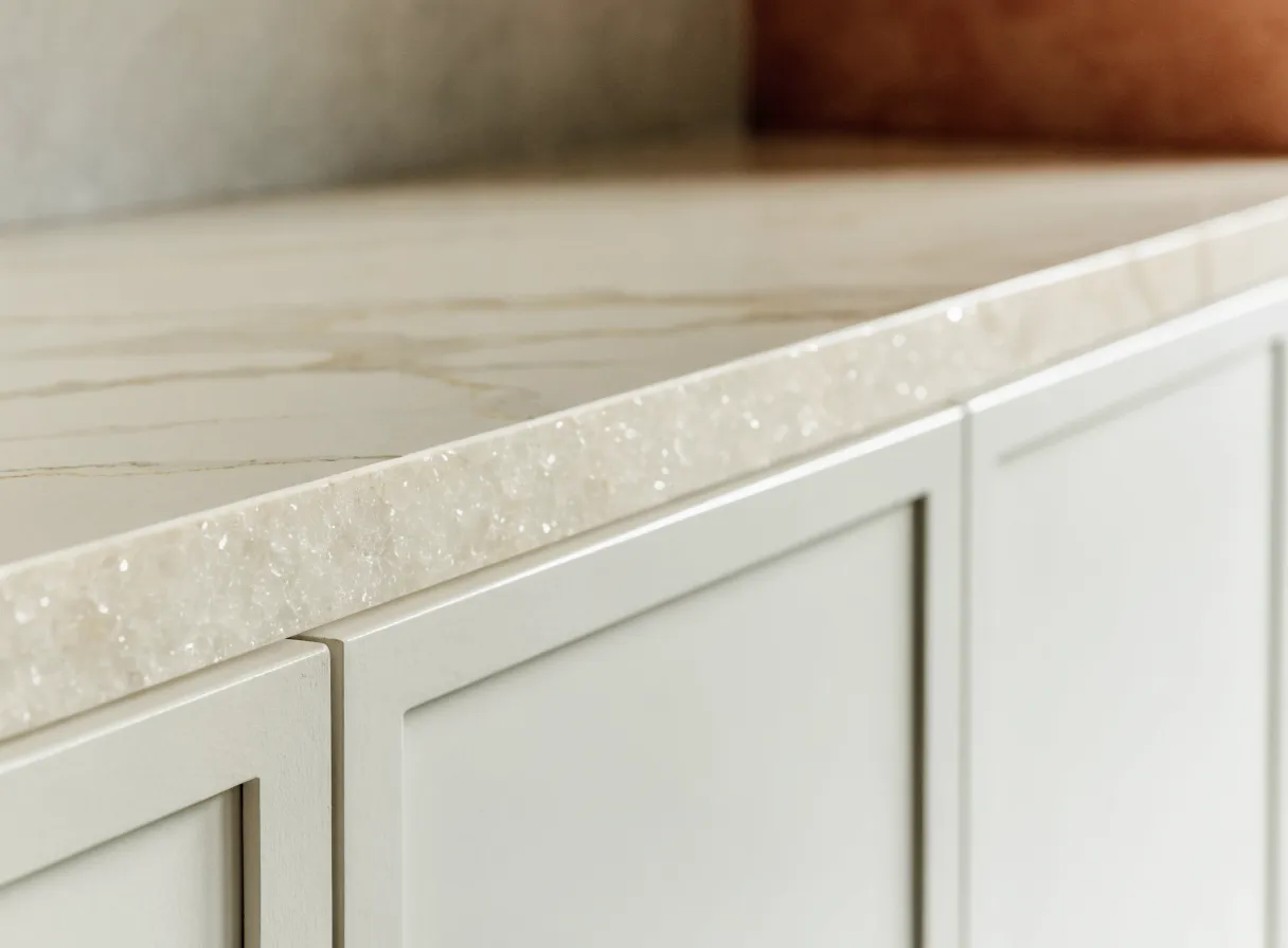 Quartzite countertop installation in Davie, FL: the eased edge of a cream quartzite slab, the crystalline sparkle of the quarried stone catching the light along the profile