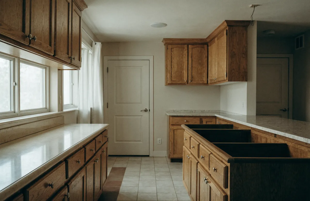 A 1980s Davie kitchen still in daily use with the original laminate counter on one run and the cabinet boxes cleared for stone