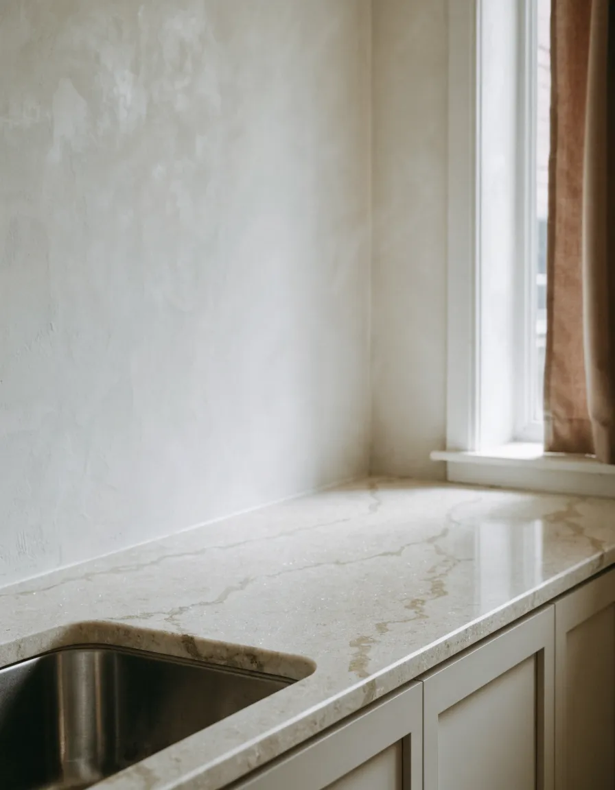 Quartzite countertop installation Davie, FL: a warm cream quartzite run with soft golden-gray veining and a stainless undermount sink