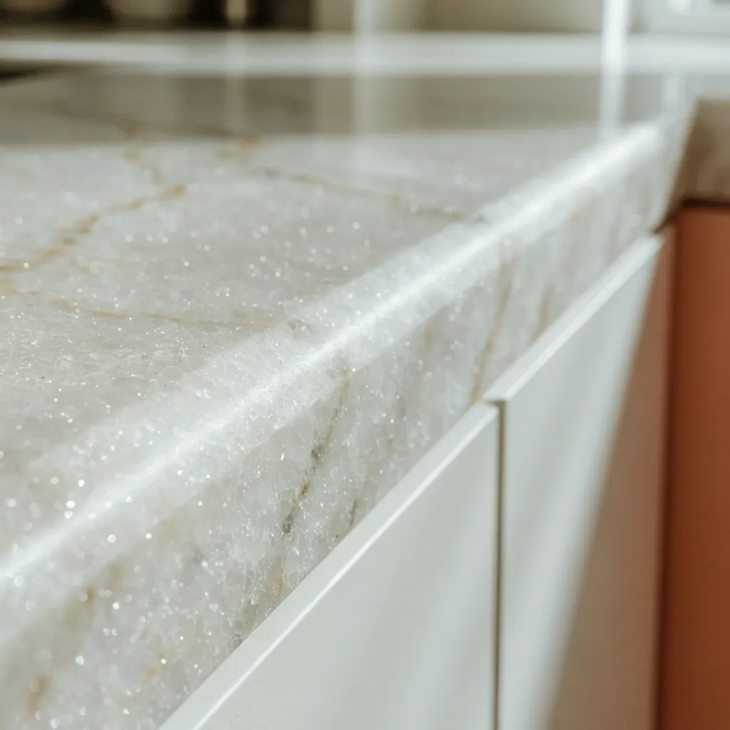 True quartzite on a Davie island, the crystalline grain glittering under raking light across the stone