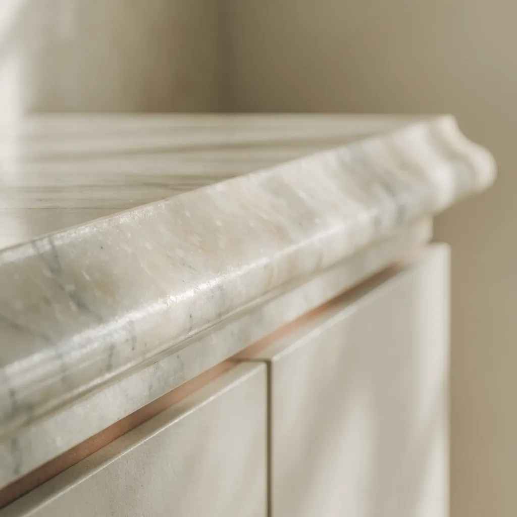 A dolomitic marble slab sold as quartzite, its surface softer and waxier where the light crosses it