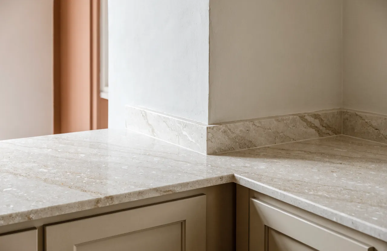 A quartzite run carried around an inside corner onto the second wall with the veining continued across the seam