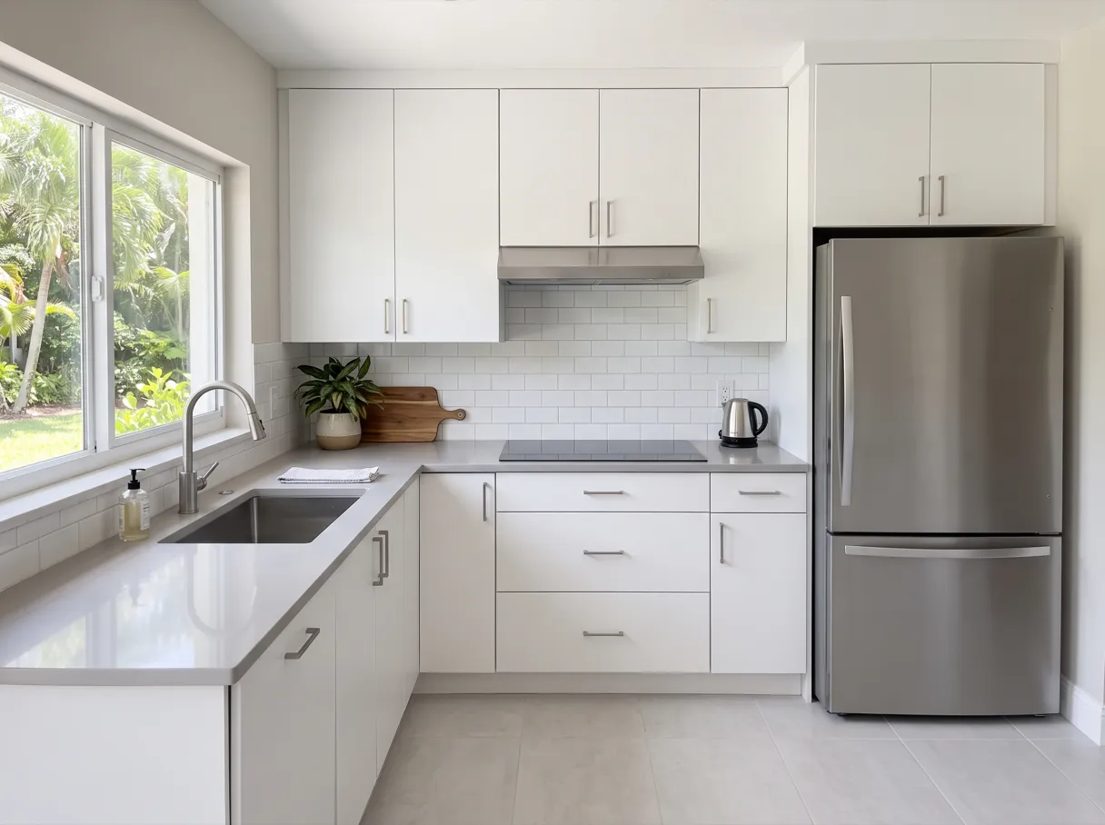 A finished kitchen with a slim stainless steel range hood mounted under white upper cabinets, over a black glass cooktop set into a light gray quartz counter