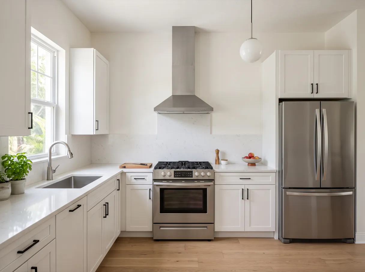 When a range hood has to vent outside in Davie: a finished kitchen with a stainless steel chimney range hood over a gas cooktop, its duct cover running straight up to a white ceiling, white shaker cabinets on both sides and a white quartz backsplash