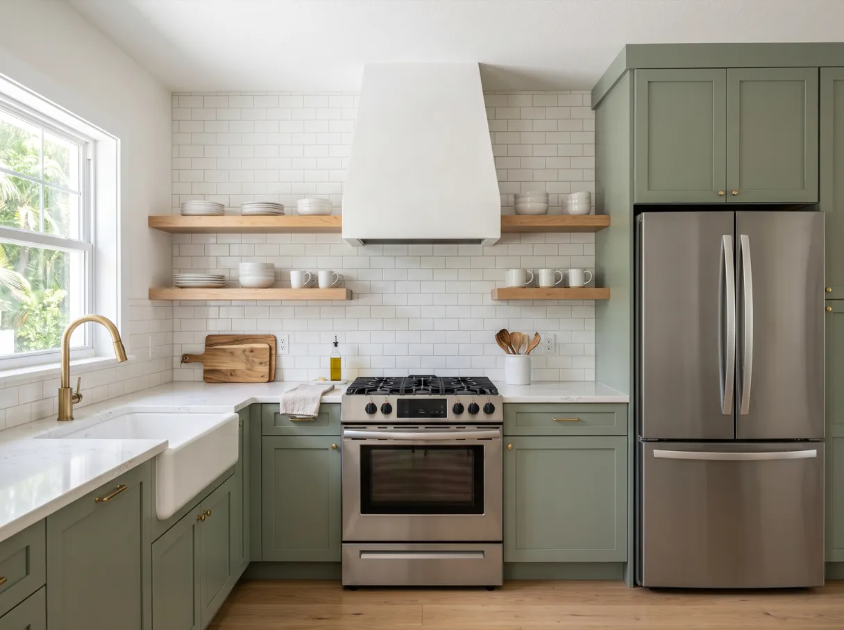 A finished kitchen with a white plaster range hood cover over a stainless steel range, natural wood open shelves on each side of it and sage green lower cabinets