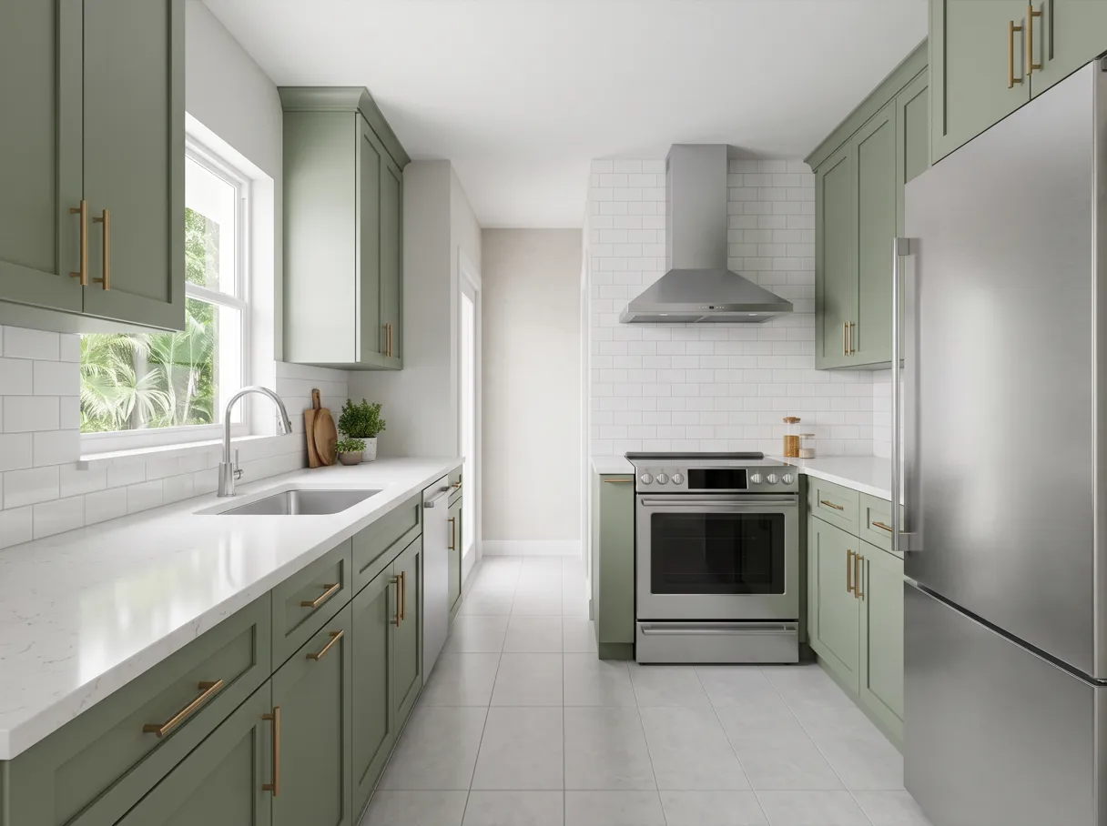 Which layout works best in a small kitchen in Davie: a finished galley kitchen with sage green shaker cabinets on two facing walls, white quartz counters, a stainless sink on one side, a stainless range at the far end and a clear aisle between the two runs