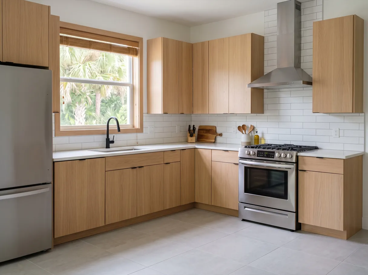A finished small L-shaped kitchen with light wood cabinets on two walls that meet in a corner, a stainless range on one run and open floor in front of the counters
