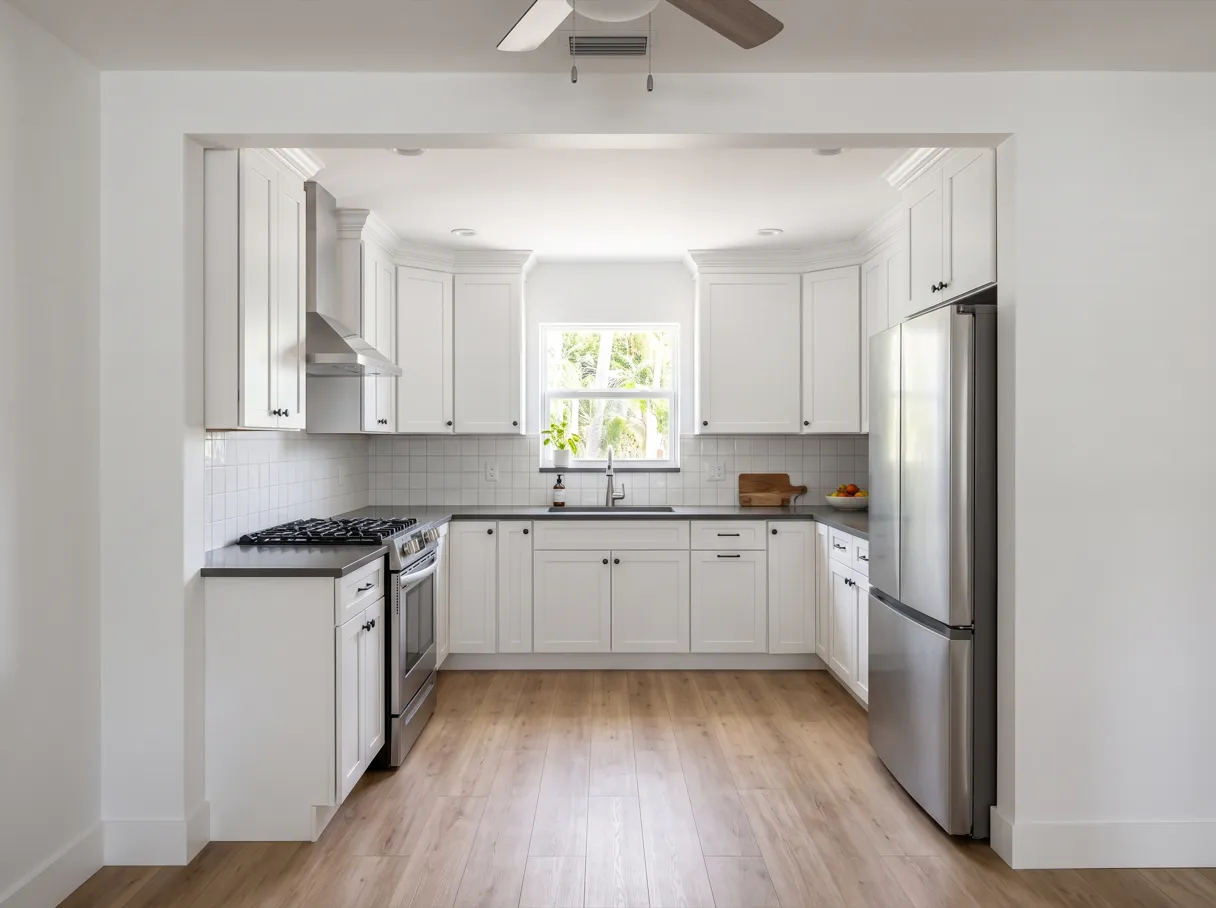 A finished small U-shaped kitchen with white cabinets on three walls, upper cabinets that reach the ceiling and a stainless refrigerator at the end of one run