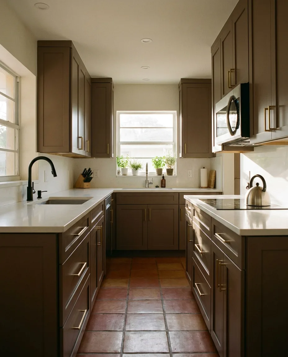 Small kitchen remodel Davie, FL: a rebuilt galley kitchen with new shaker cabinets and quartz counters