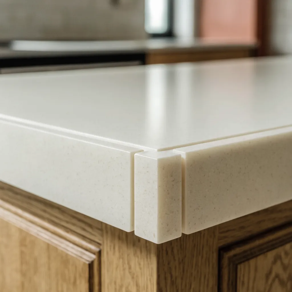 The front corner of a Davie island in solid surface, the lip built up to a thick square profile with two reveal lines cut along it