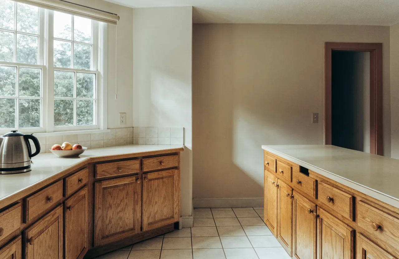 A 1980s Davie kitchen still in daily use and well kept, honey oak fronts and the original cream laminate counter along both runs