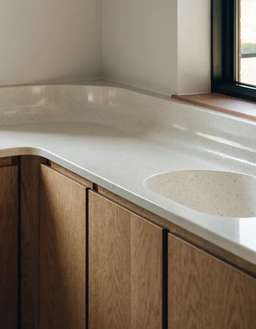 Solid surface countertop installation Davie, FL: a warm off-white solid surface run with an integrated bowl and a coved backsplash in a rebuilt kitchen