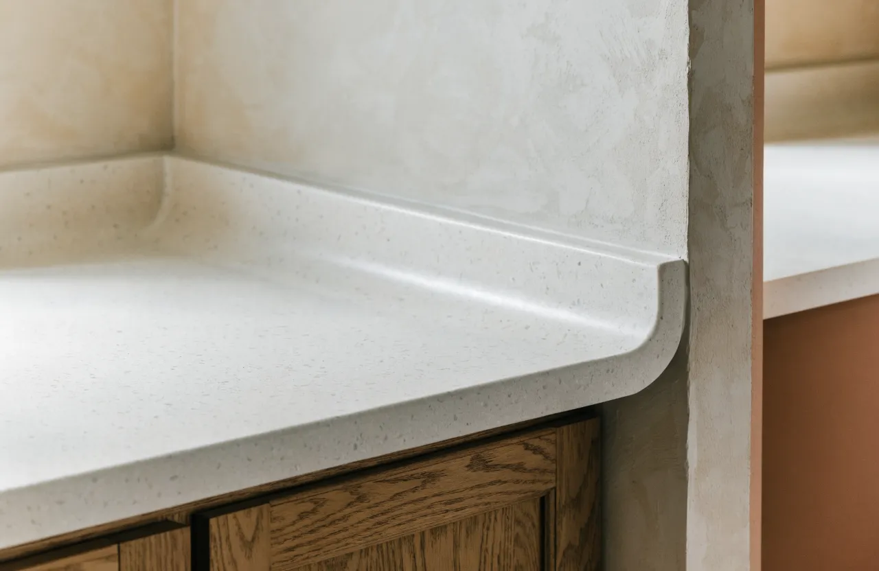 A coved backsplash curving up out of a solid surface counter into the wall as one piece, with no silicone joint where they meet