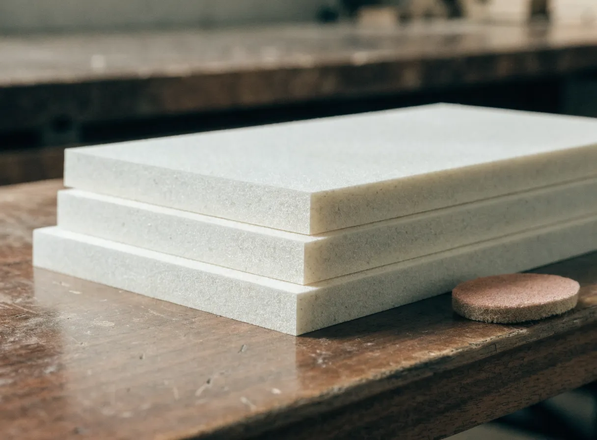 Solid surface countertop installation in Davie, FL: three offcuts stacked on a workbench, the sawn edges showing the same material and the same fleck through the full half inch