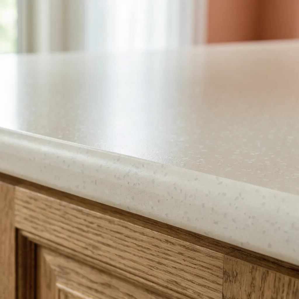 A matte solid surface top under window light, the fine even fleck visible and no reflection on the surface