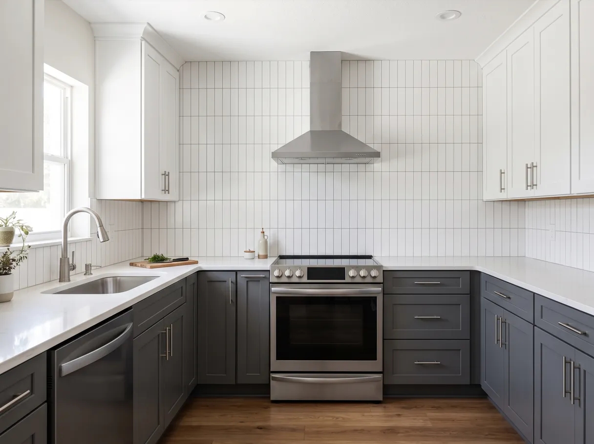A finished kitchen with white upper cabinets above charcoal base cabinets, a white quartz countertop, a stainless steel freestanding range and a vertical stacked tile backsplash