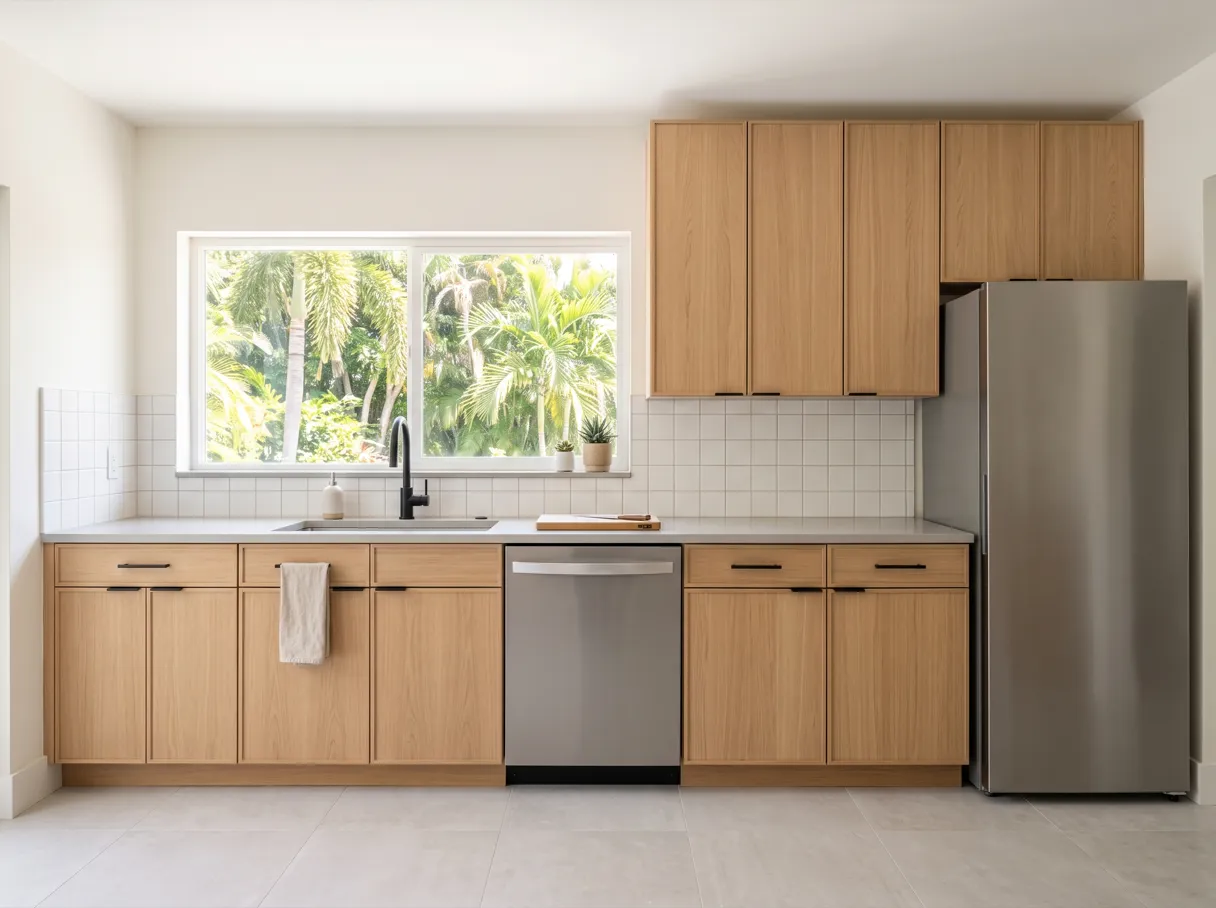 A finished kitchen with natural white oak cabinets, a quartz countertop, a stainless steel refrigerator at the end of the cabinet run and a wide window above the sink