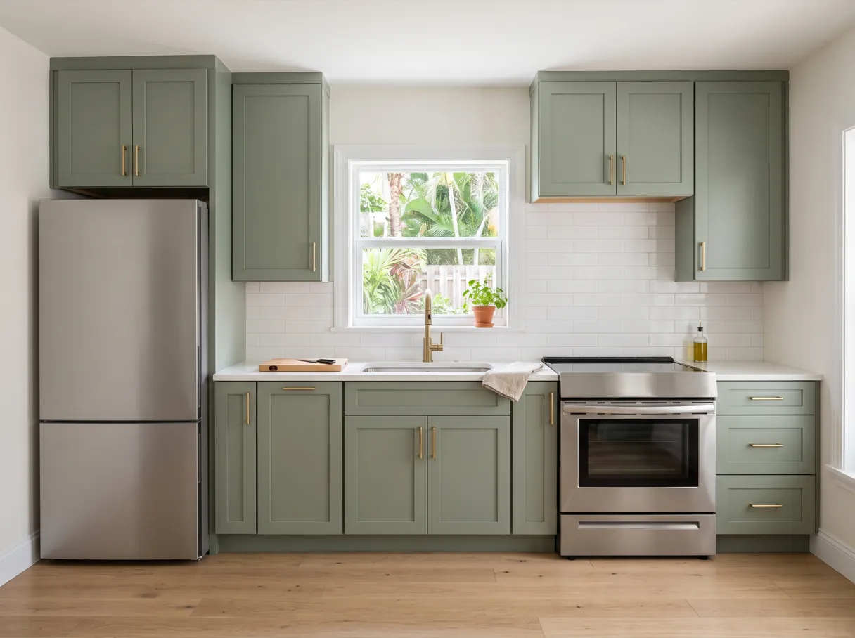 When a stalled kitchen remodel counts as abandoned in Davie: a finished kitchen with sage green shaker cabinets, brass bar pulls, a white quartz countertop and a stainless steel sink set under a window