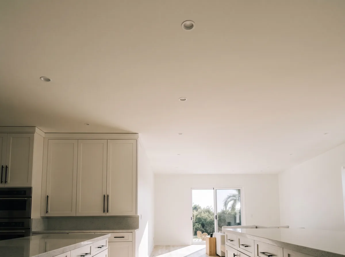 The ceiling over the opening, one continuous plane of painted drywall running across both rooms at a single height with a few recessed lights set into it and no bulkhead