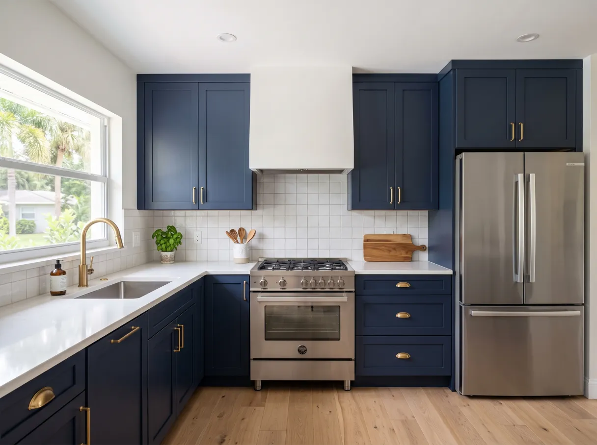 What a kitchen remodel warranty covers in Davie: a finished kitchen with navy blue shaker cabinets, brass cup pulls, a white quartz countertop and a stainless steel range under a white hood