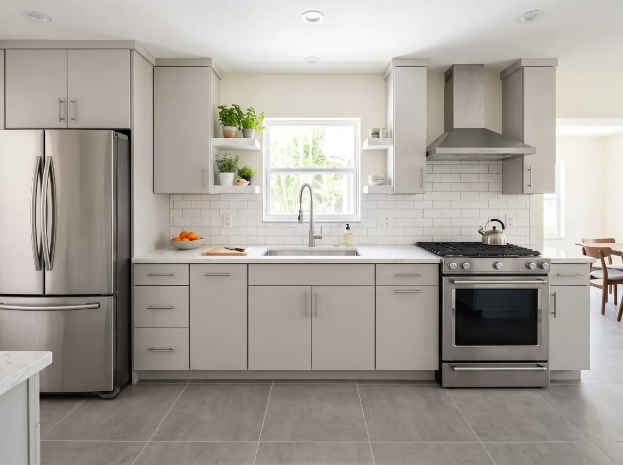 A finished kitchen with light gray flat panel cabinets, a long white countertop with an undermount stainless steel sink and a tall faucet, and a gray tile floor