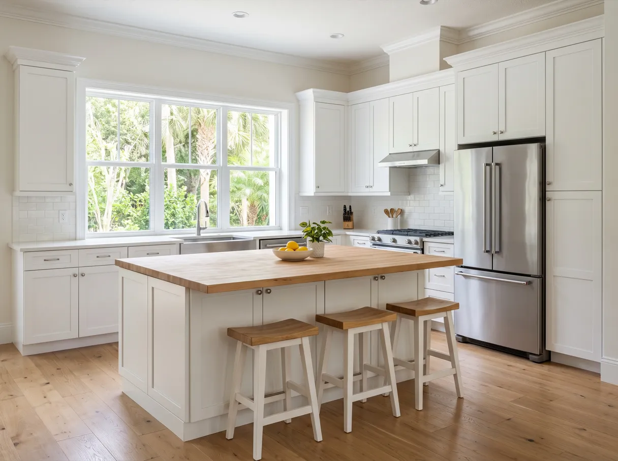 A finished kitchen with white shaker cabinets up to the ceiling, an island with a natural wood top, three counter stools and a wide window over the sink