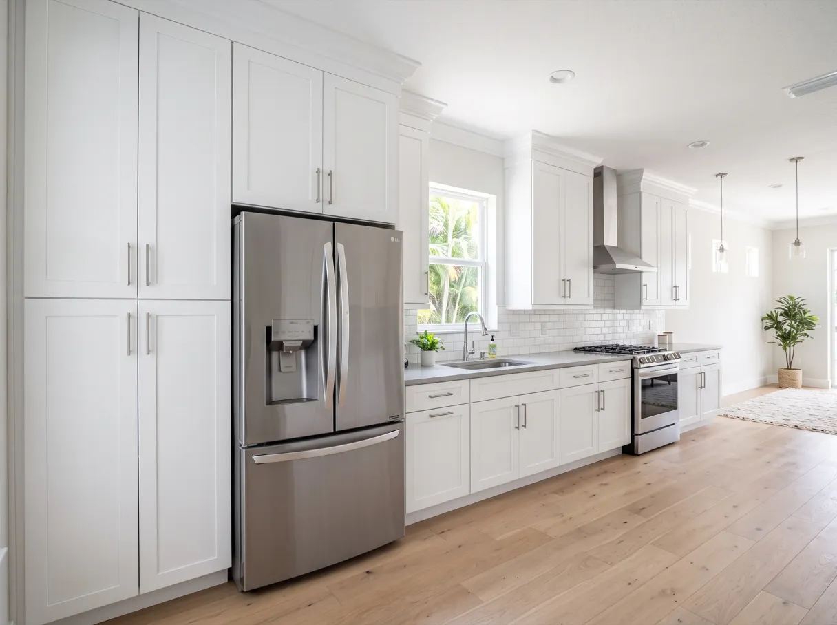 A finished kitchen with a floor to ceiling pantry cabinet beside the refrigerator and upper cabinets running up to the ceiling
