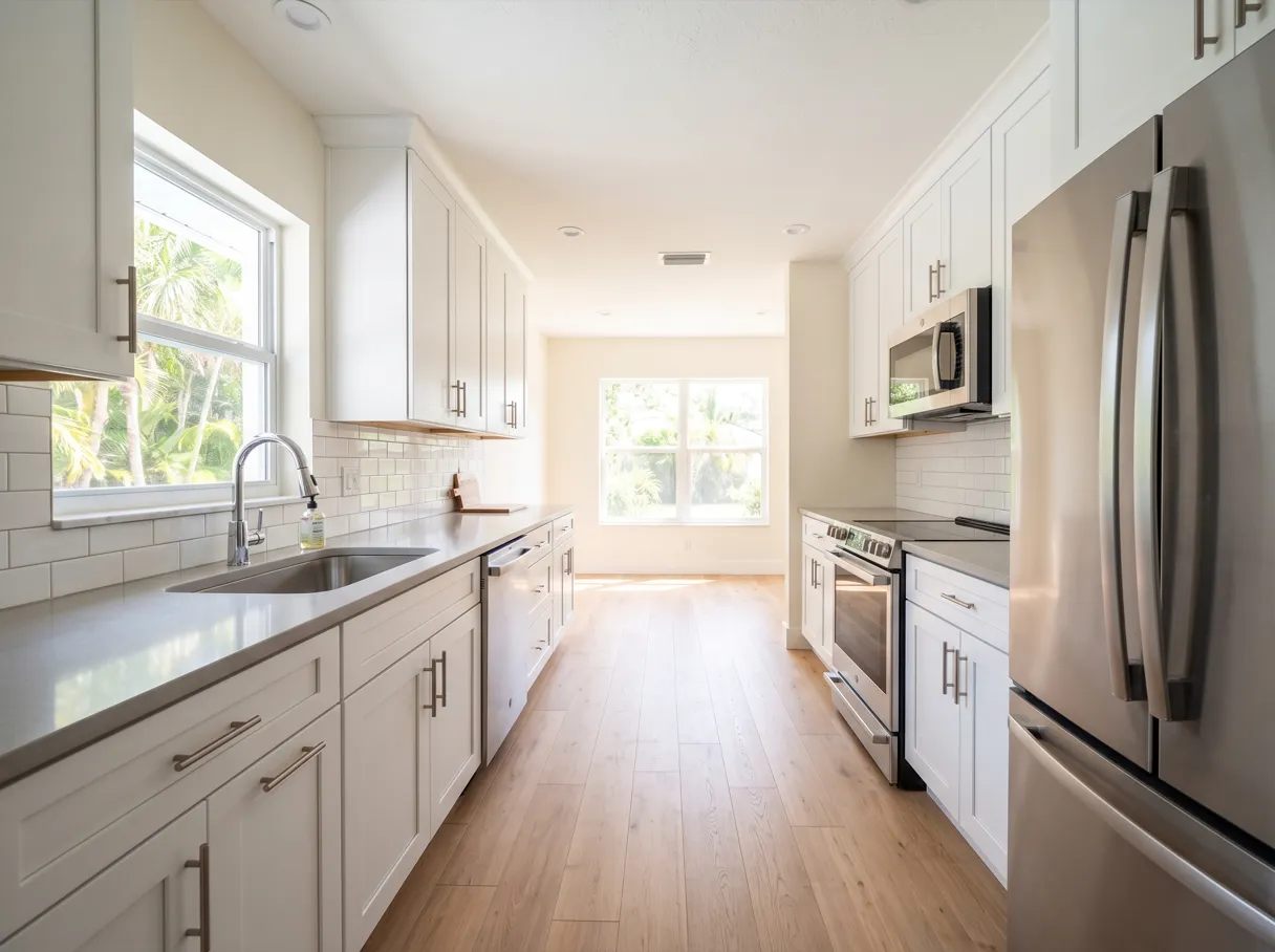 A finished galley kitchen with cabinets on both facing walls, a window over the sink and a stainless dishwasher next to the sink base