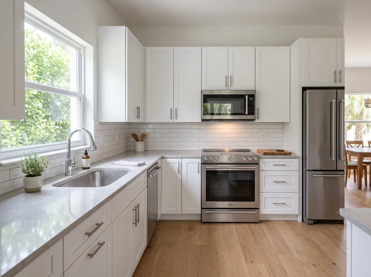 What separates stock semi-custom and custom cabinets in Davie: a finished kitchen with white shaker cabinets running wall to wall, a quartz countertop and a stainless range between two base runs