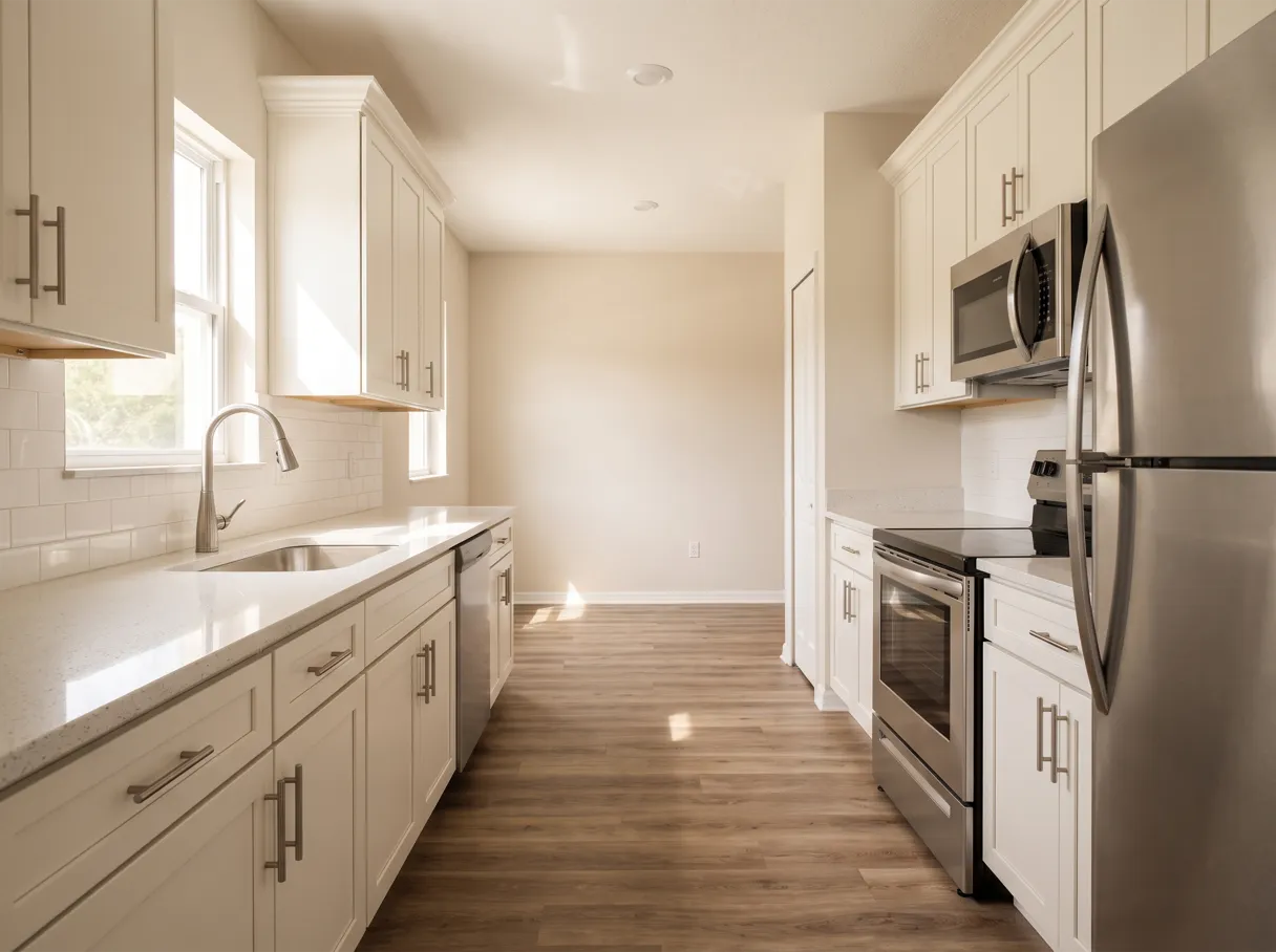 A finished galley kitchen with two facing runs of white shaker cabinets, quartz countertops, a stainless range and a window over the sink