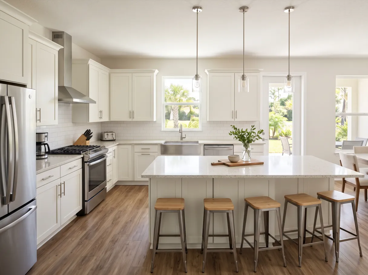 A finished kitchen with white shaker cabinets, a quartz-topped island with five stools and three pendant lights above it