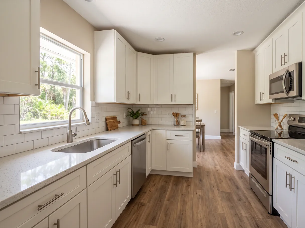 When refacing beats replacing cabinets in Davie: a finished kitchen with white shaker doors, a light quartz countertop and a stainless undermount sink under the window