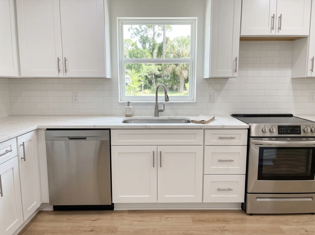 A finished kitchen with a stainless undermount sink set into a quartz countertop under a window, white shaker doors on the sink base below it