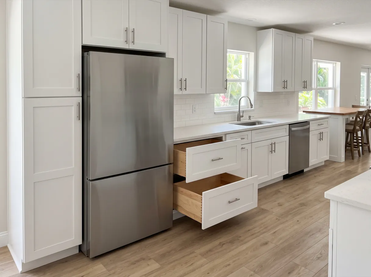 A finished kitchen with a tall pantry cabinet beside a stainless refrigerator and two base drawers standing open under the countertop