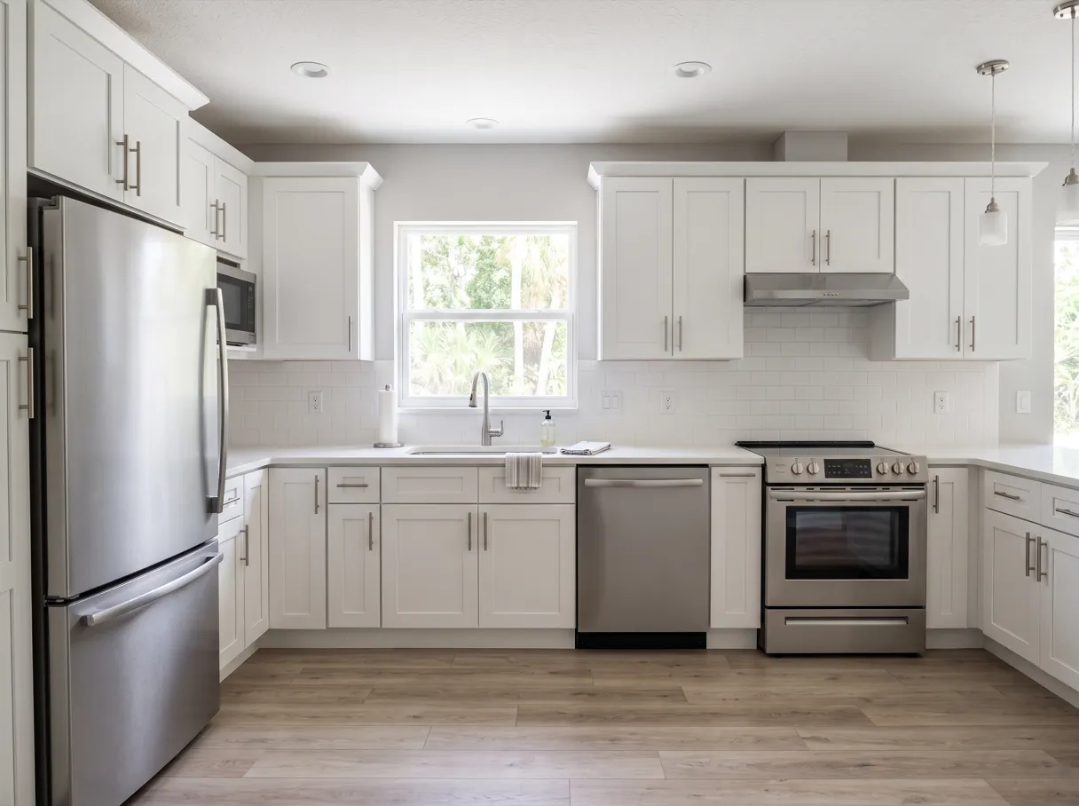 Where cabinet refacing falls short in Davie: a finished kitchen with white shaker doors, a light quartz countertop, a stainless range and a window above the sink