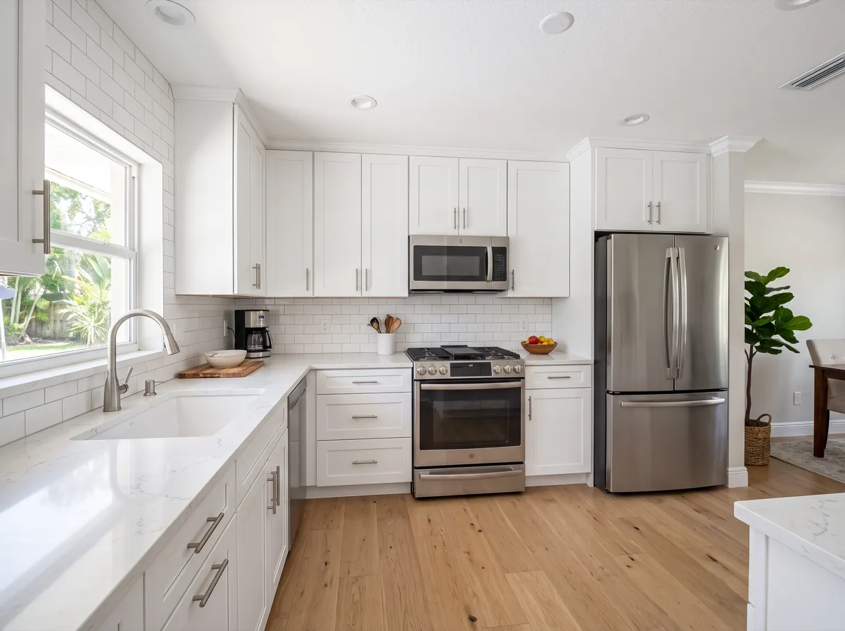 Which countertop material suits your kitchen in Davie: a finished kitchen with a white quartz countertop running along two walls, a stainless range with a microwave above it and white shaker cabinets below