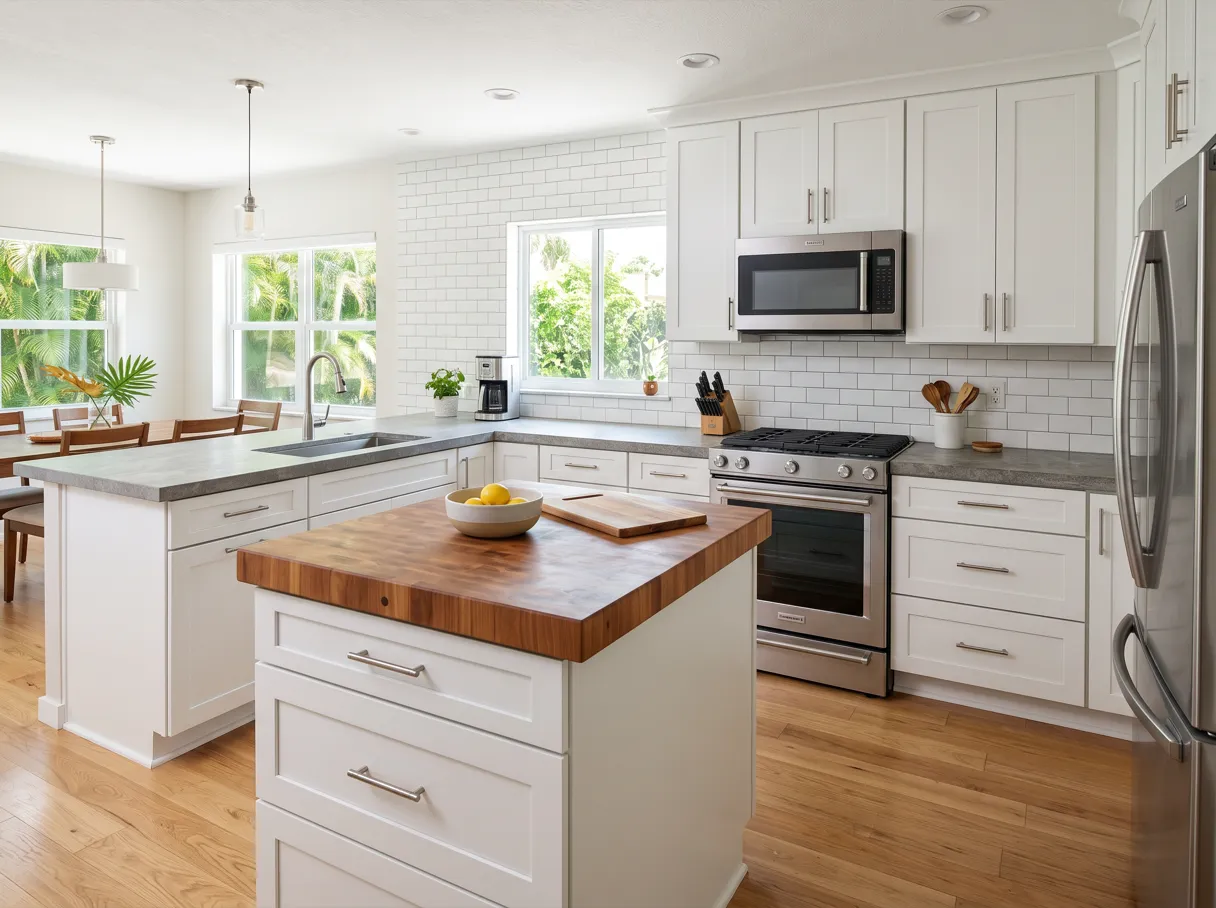 A finished kitchen island topped with wood butcher block, with a stone countertop on the perimeter run behind it