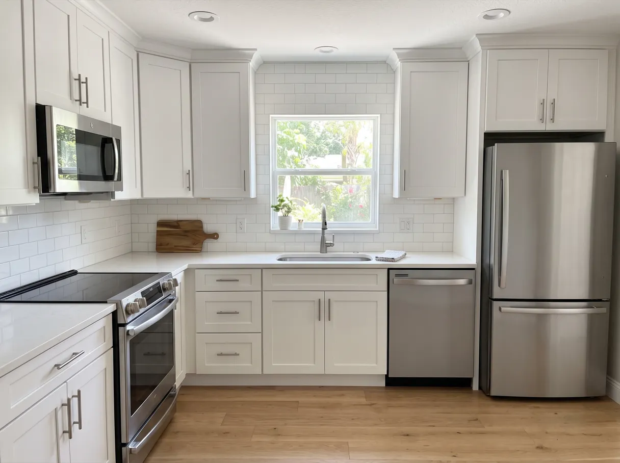 A finished kitchen with a stainless sink and faucet set into the countertop under a window, a stainless dishwasher beside the sink base and a stainless refrigerator at the end of the run
