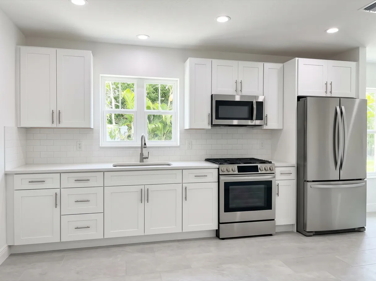 A finished kitchen with a long run of shaker base cabinets, a quartz countertop and brushed nickel handles on the drawer fronts