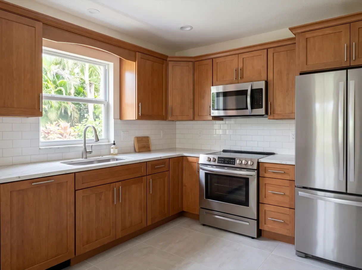 Which part of a kitchen remodel costs the most in Davie: a finished kitchen with wood cabinets running along two walls, a light quartz countertop and a stainless range