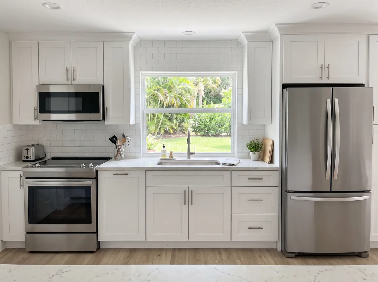 A finished kitchen with white shaker cabinets, a quartz countertop and a stainless undermount sink below a window